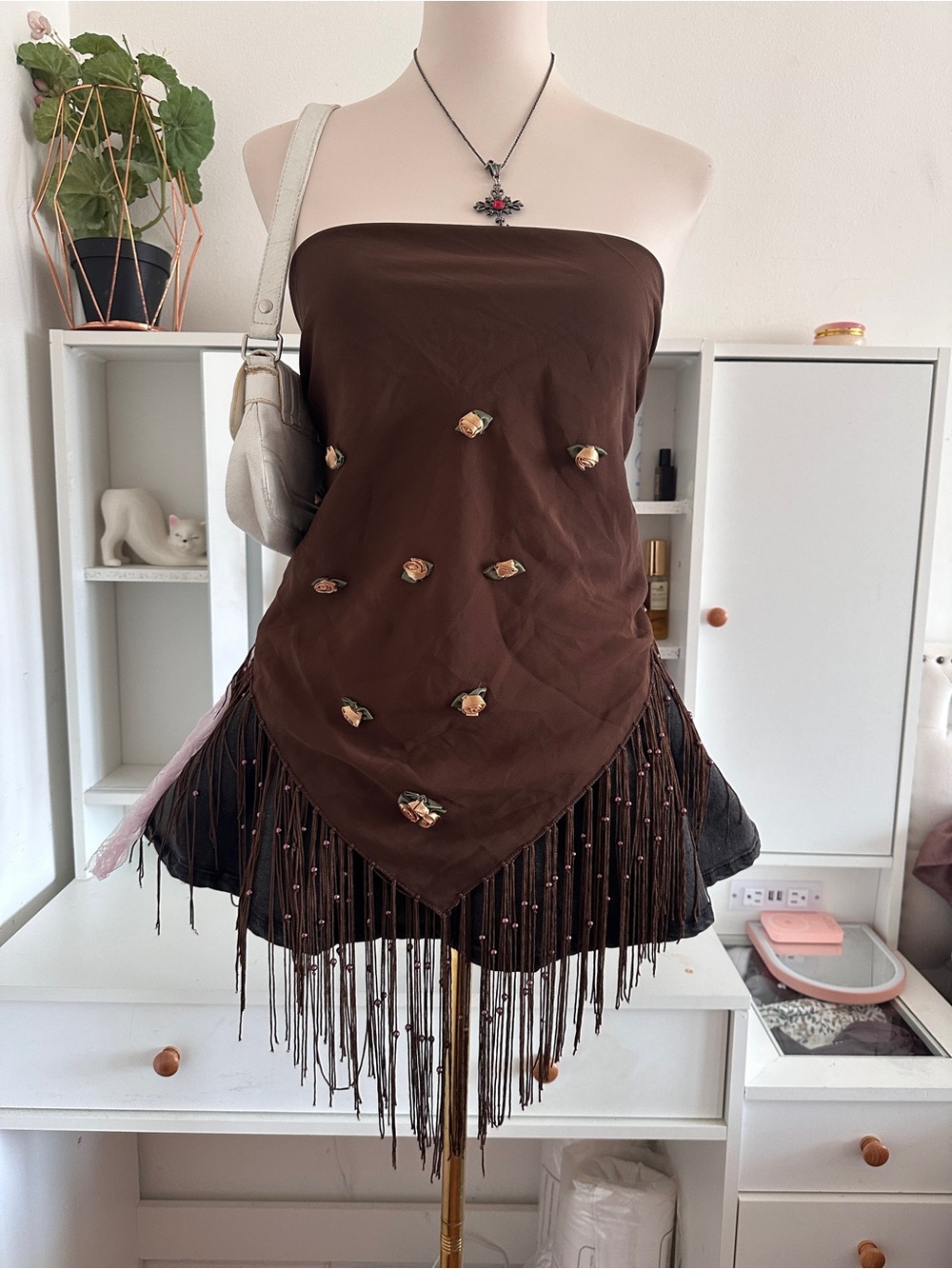 Strapless Brown Fringe Embellished tube top